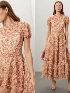 NWT MAC DUGGAL 8060  Ruffle Tiered Short Sleeve A Line Dress Beige 2